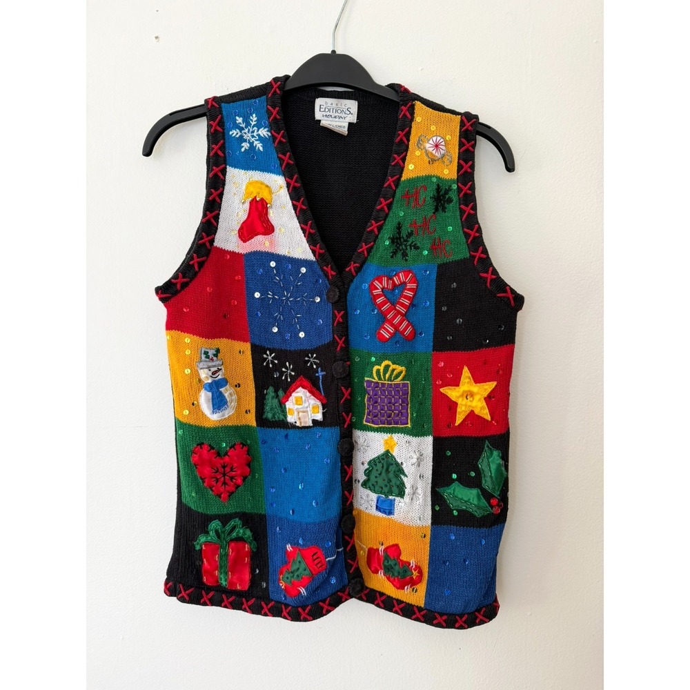 Holiday Editions Vintage Black Knit Sleeveless Vest Embroidery Women Small/Chico